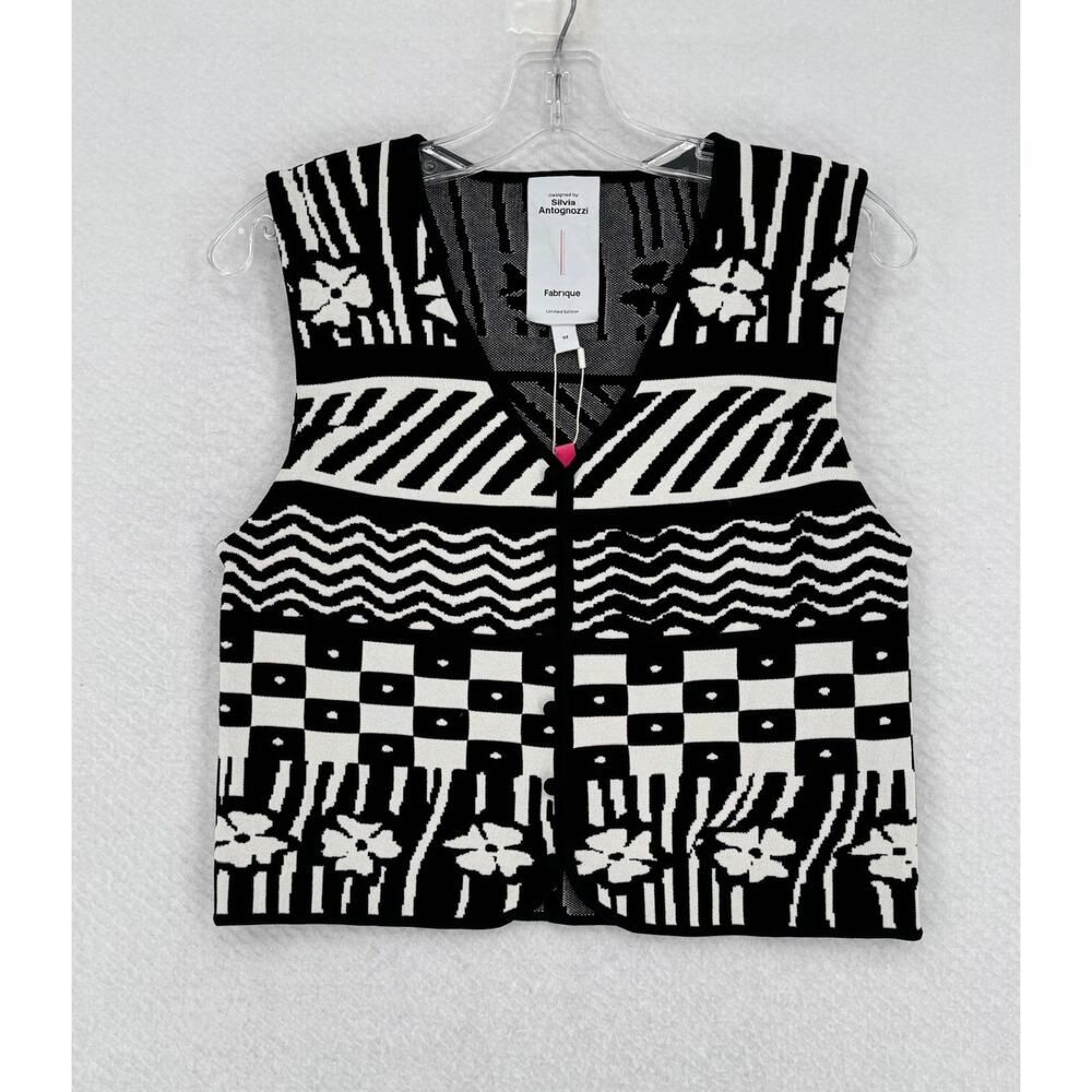 Silvia Antognozzi Fabrique Lana Black White Jaquard V Neck Sweater Vest Sz M NEW
